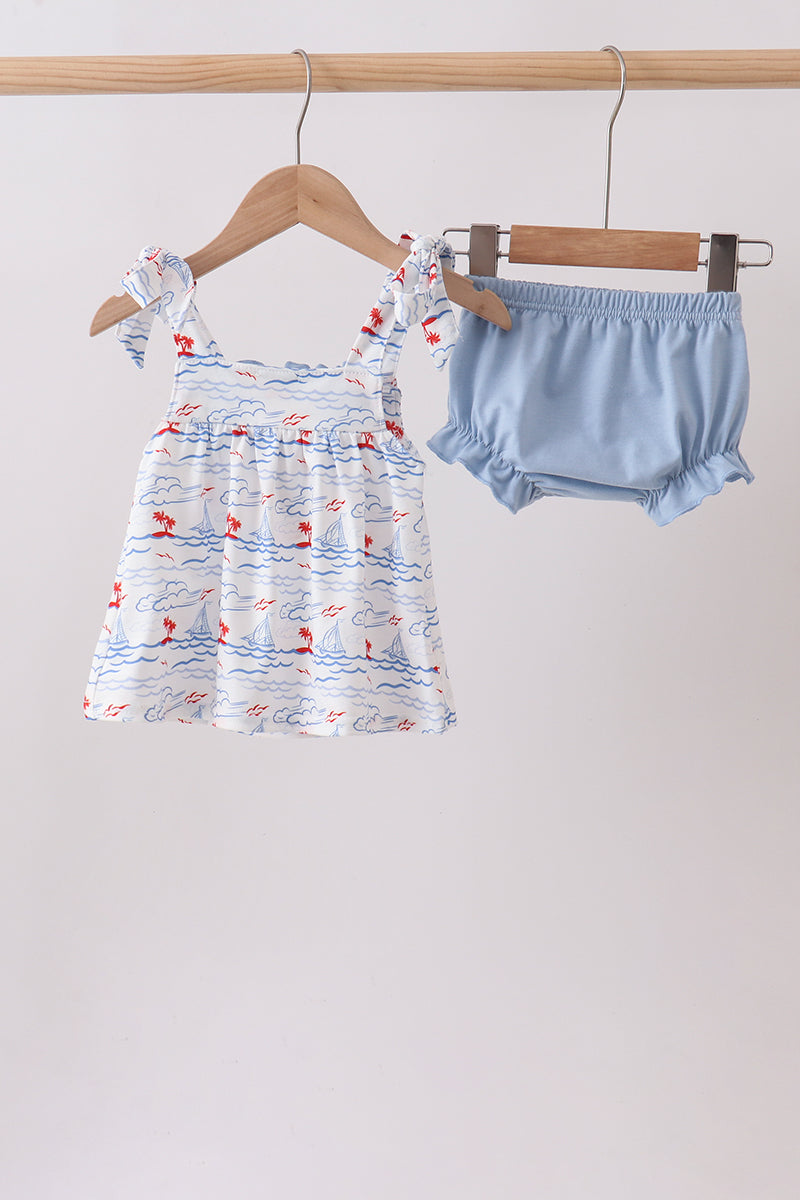 Blue Sailboat Smocked Bloomer Set