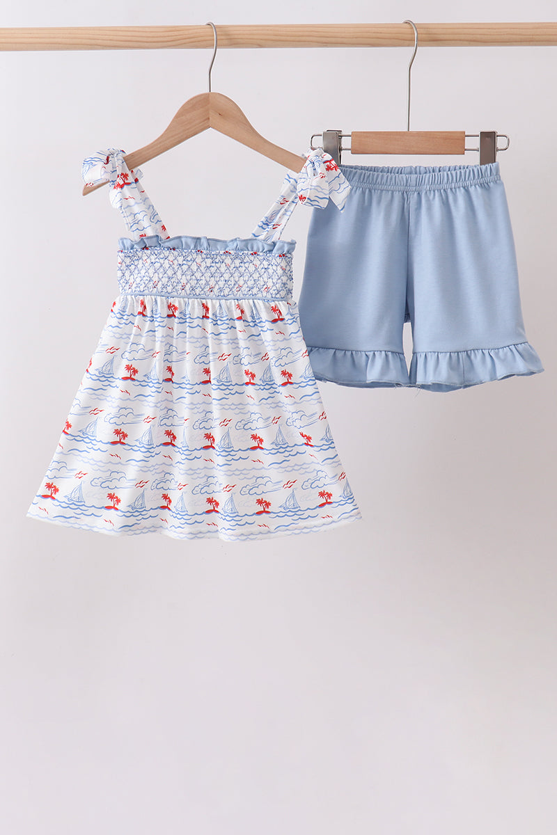 Blue Sailboat Smocked Set