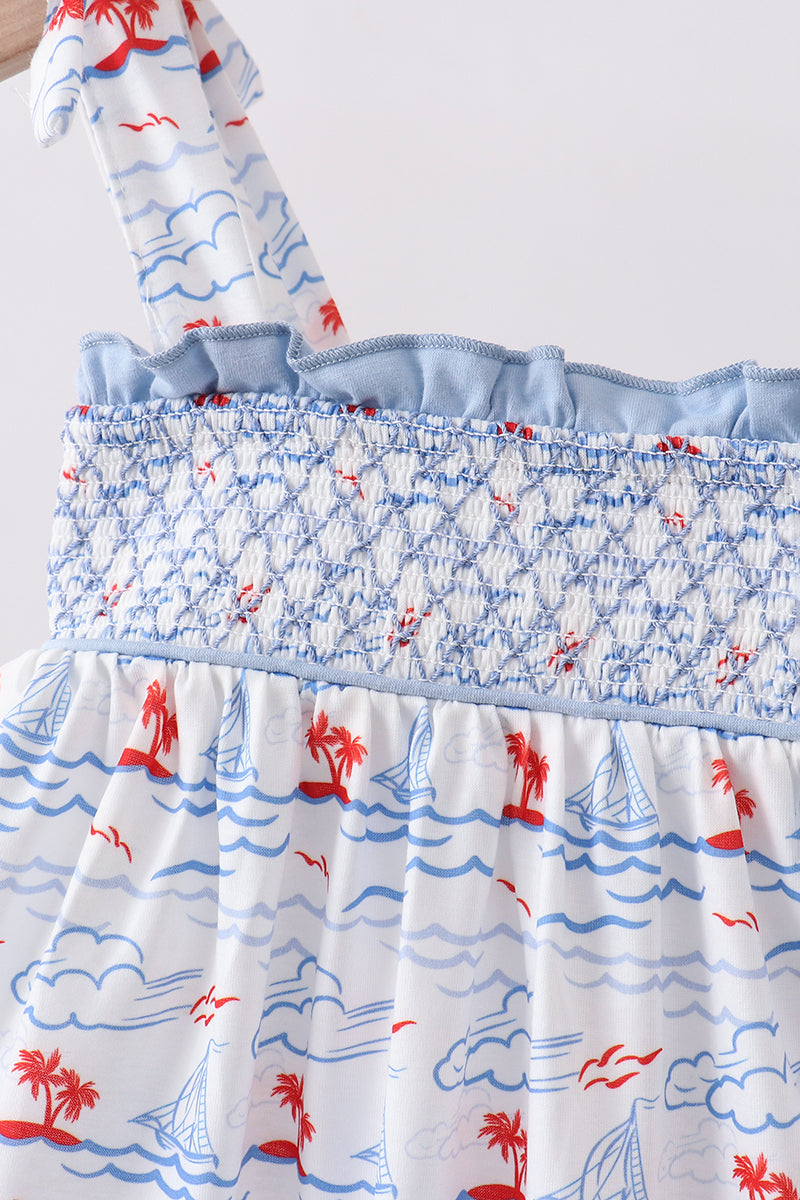 Blue Sailboat Smocked Set