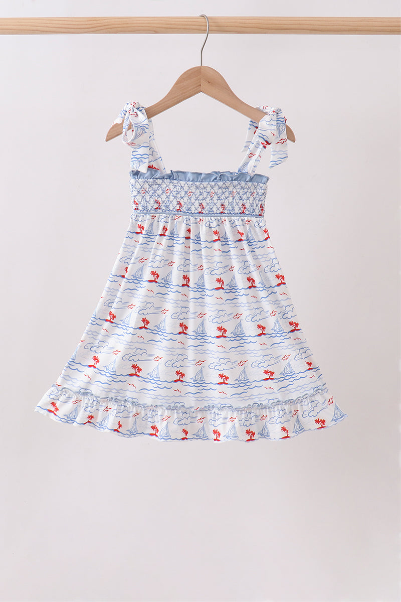 Blue Sailboat Smocked Dress