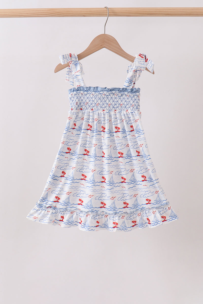 Blue Sailboat Smocked Dress