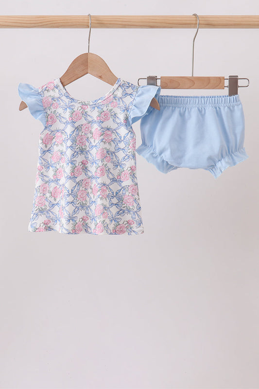Blue Floral Bow Bloomer Set