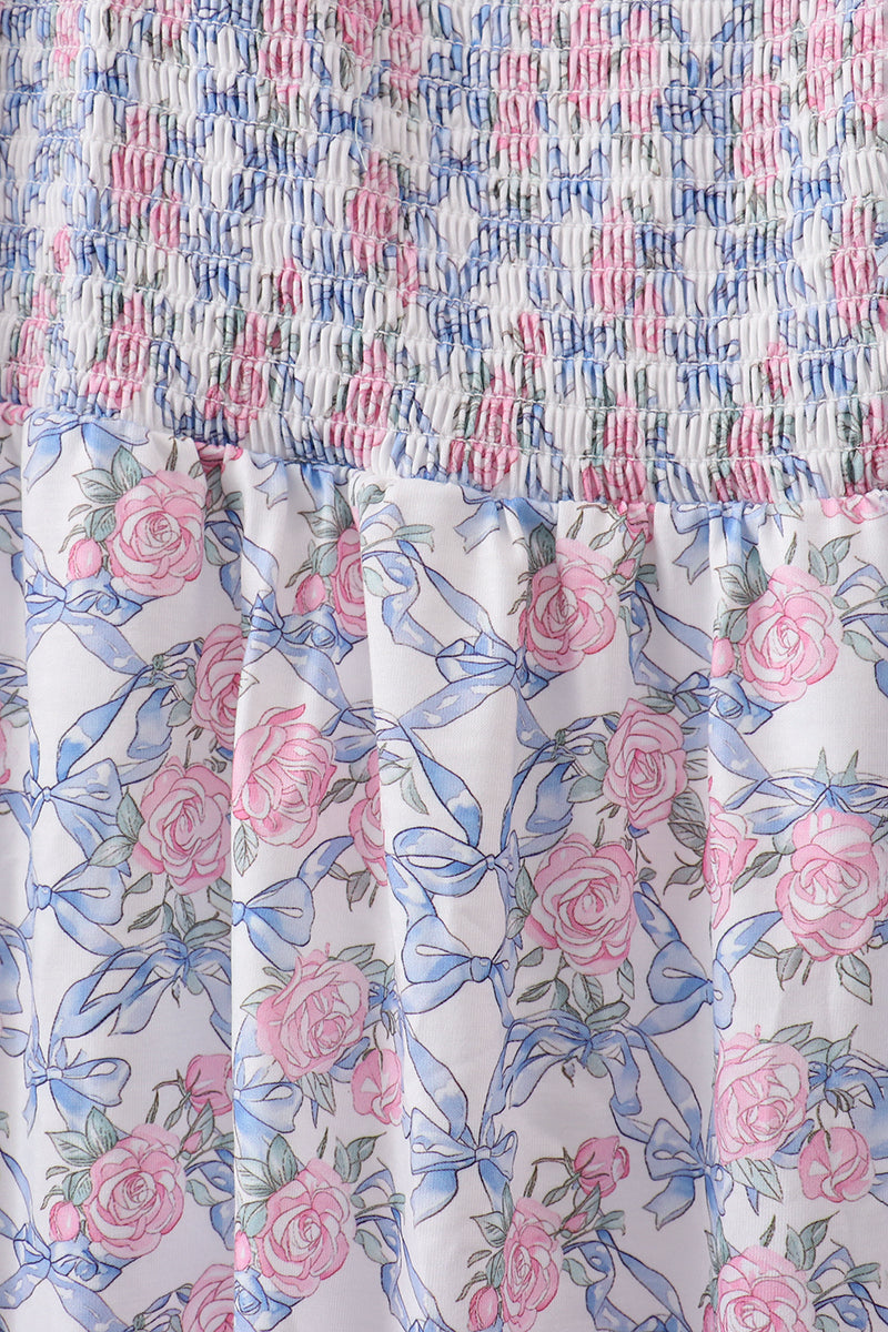 Blue Floral Smocked Women Dress