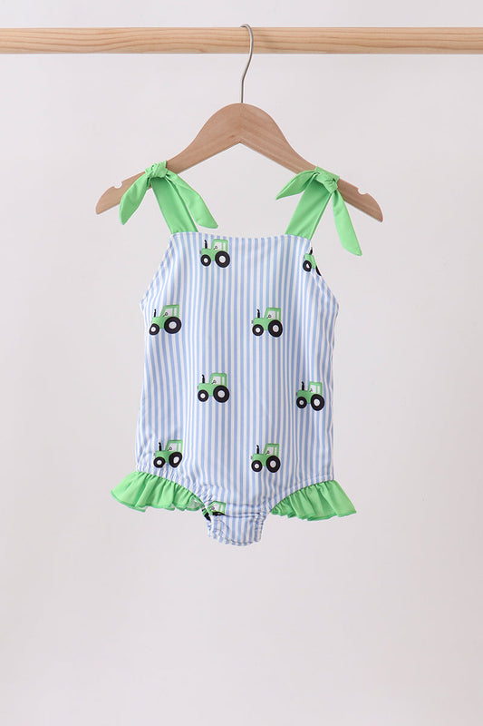Blue Tractor Stripe UPF Swim One-Piece