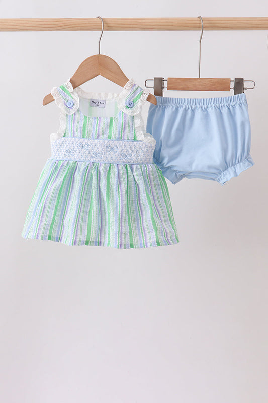 Green Stripe Smocked Bow Seersucker Bloomer Set