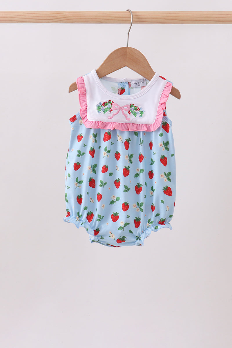 Blue Strawberry Embroidered Ruffle Bow Bubble