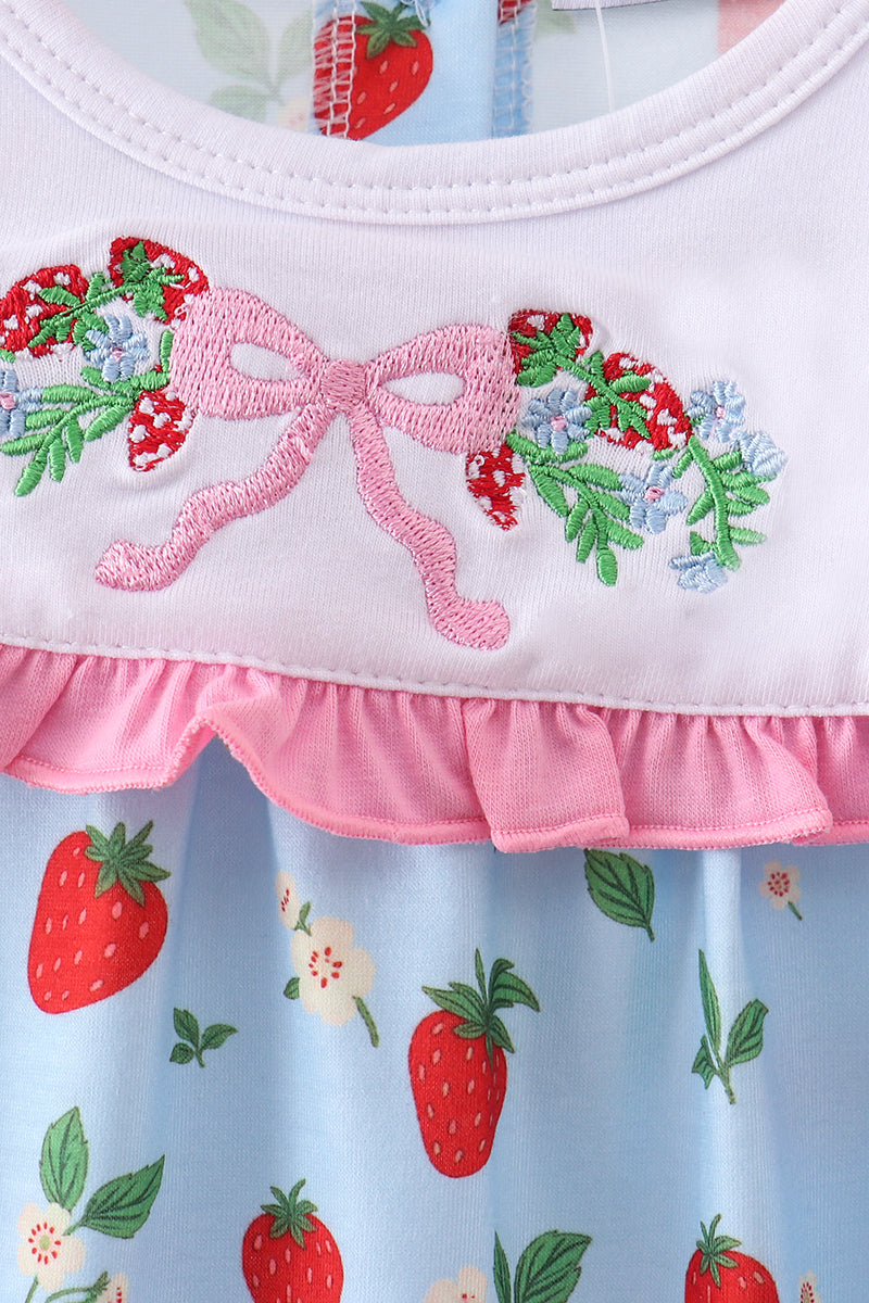 Blue Strawberry Embroidered Ruffle Bow Bubble