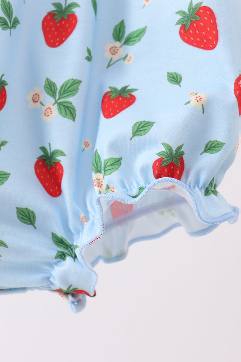 Blue Strawberry Embroidered Ruffle Bow Bubble