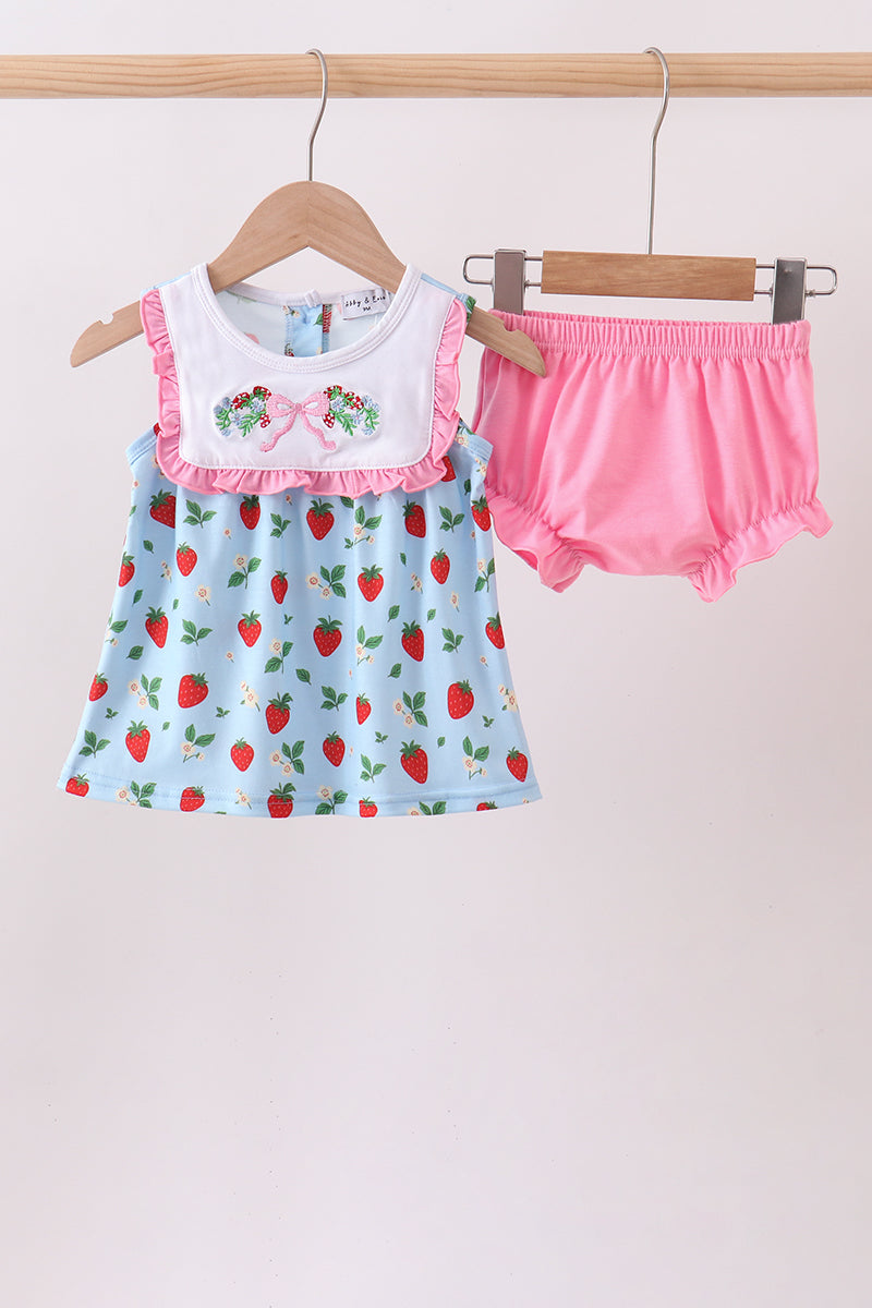 Blue Strawberry Embroidered Bow Bloomer Set