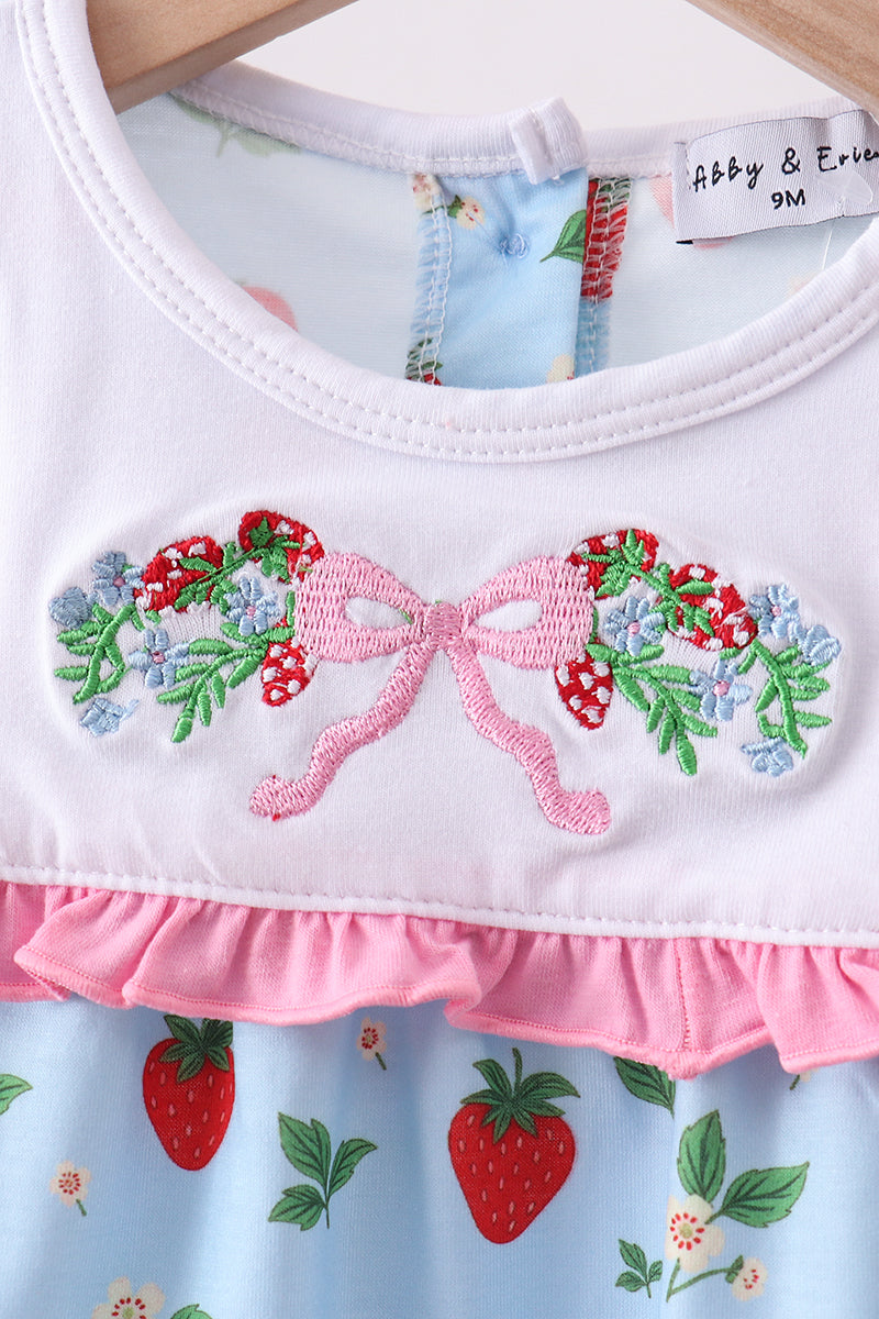 Blue Strawberry Embroidered Bow Bloomer Set