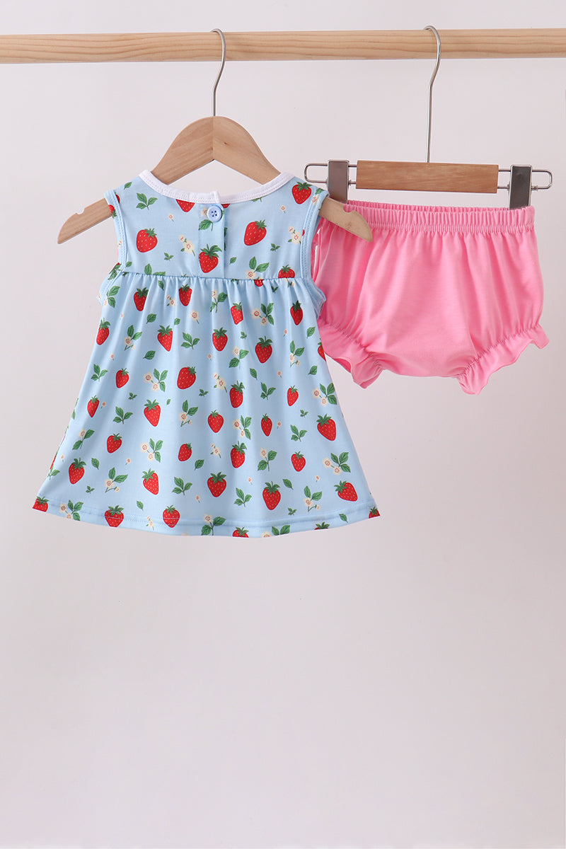 Blue Strawberry Embroidered Bow Bloomer Set