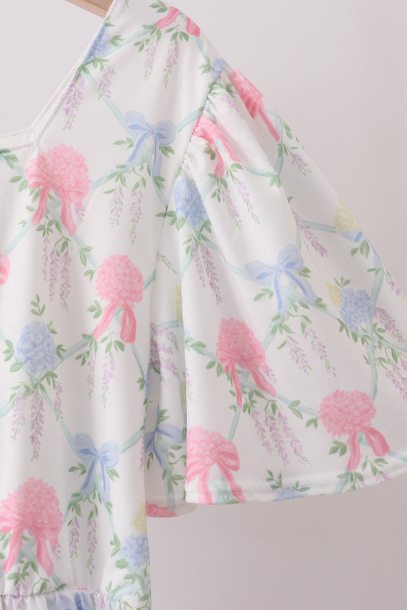 Blue Hydrangea Bow Women Dress