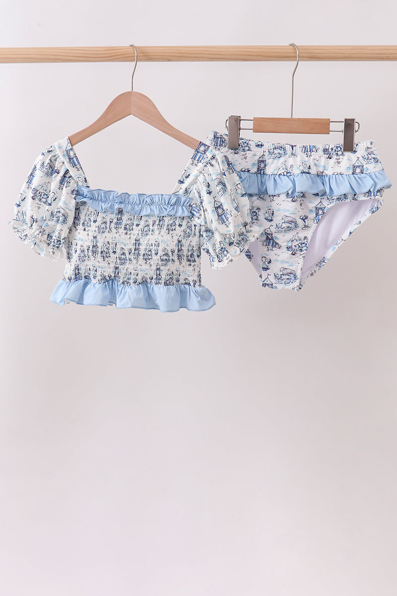 Blue Beach Smocked UPF Women Swim Set