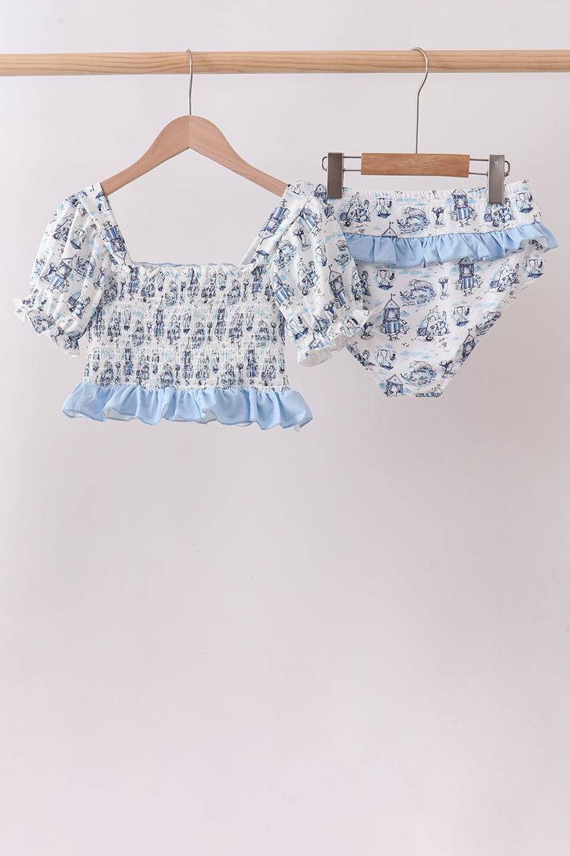 Blue Beach Smocked UPF Women Swim Set