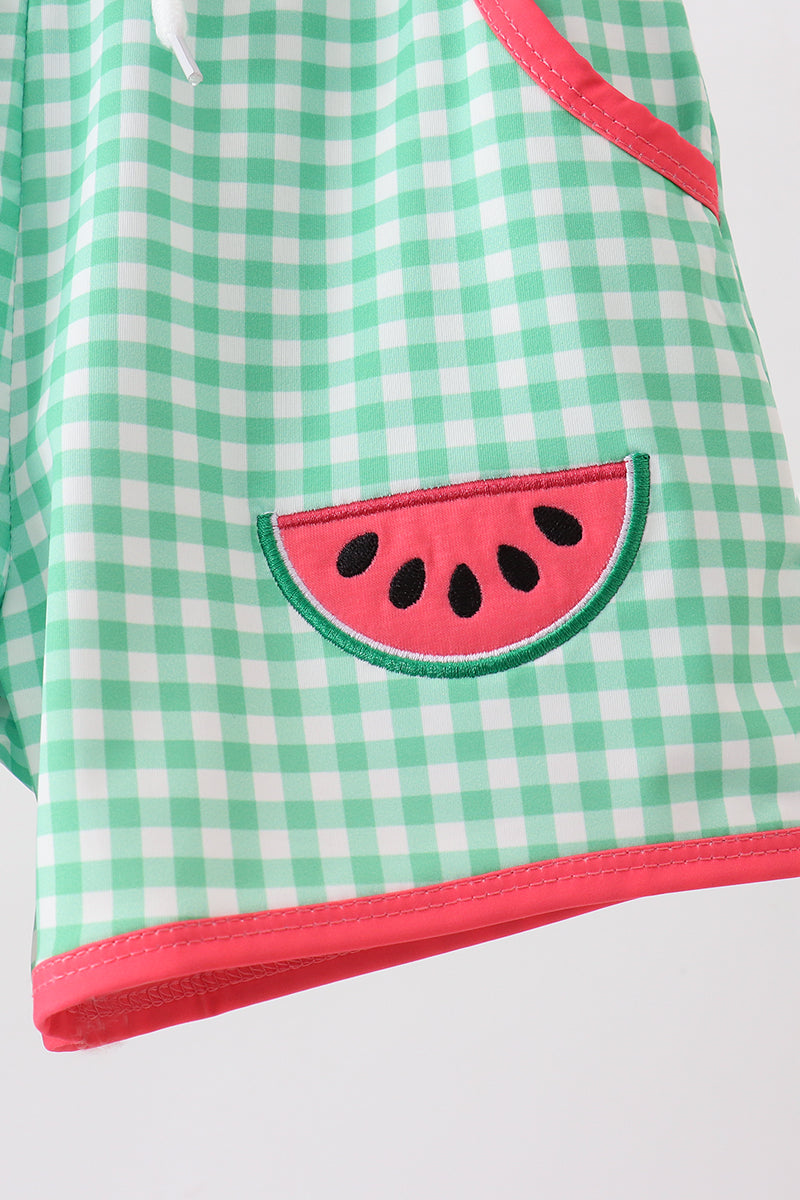 Red Watermelon Embroidered UPF Swim Trunks