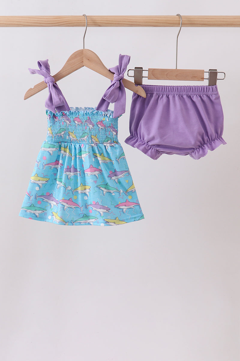 Blue Shark Smocked Bloomer Set