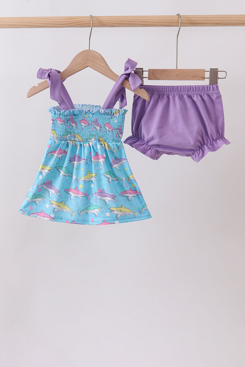 Blue Shark Smocked Bloomer Set