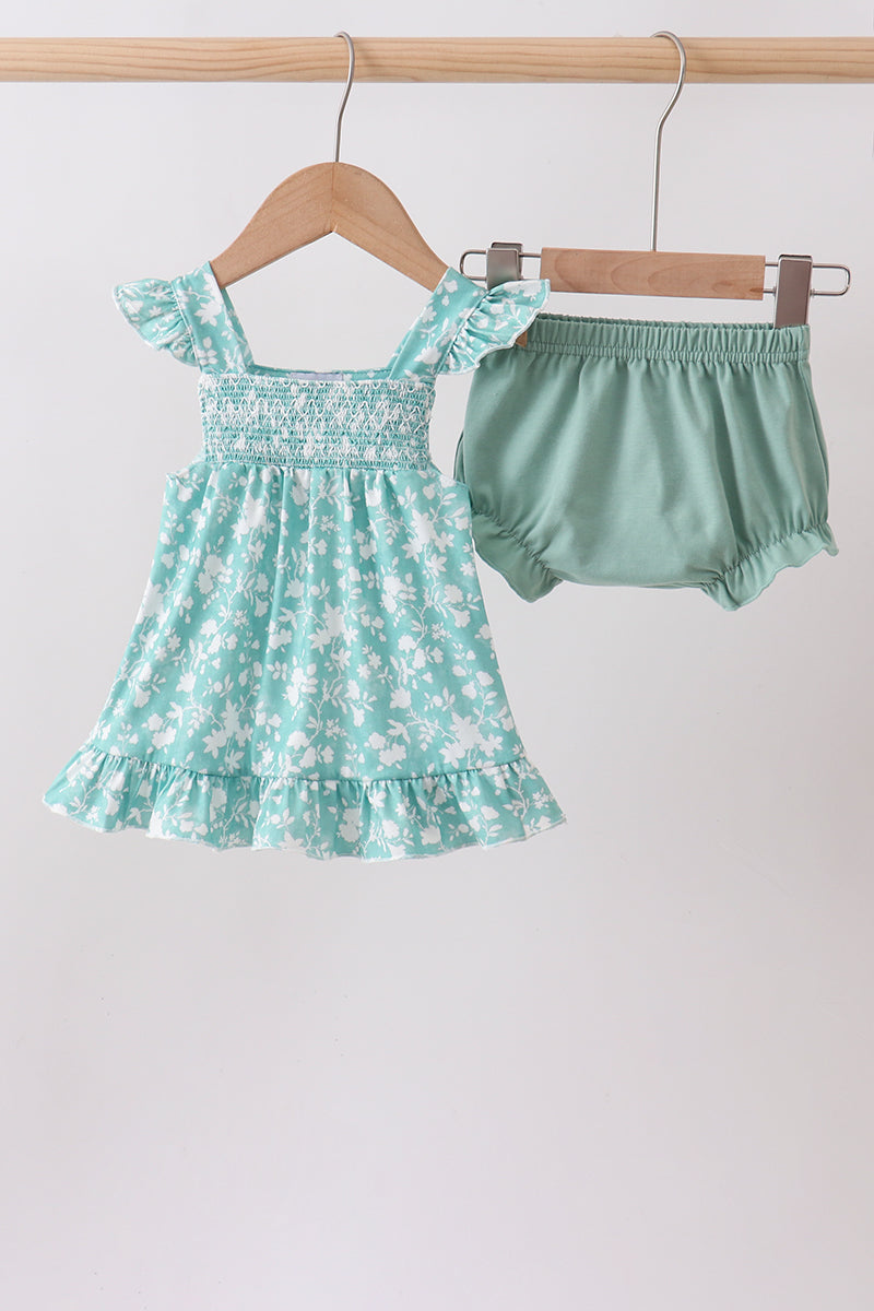 Sage Floral Smocked Bloomer Set