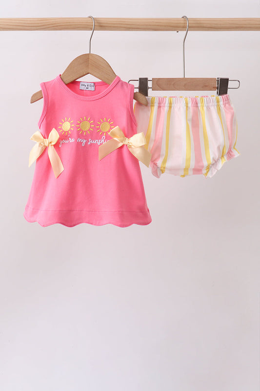 You're my sunshine Embroidered Bow Stripe Bloomer Set