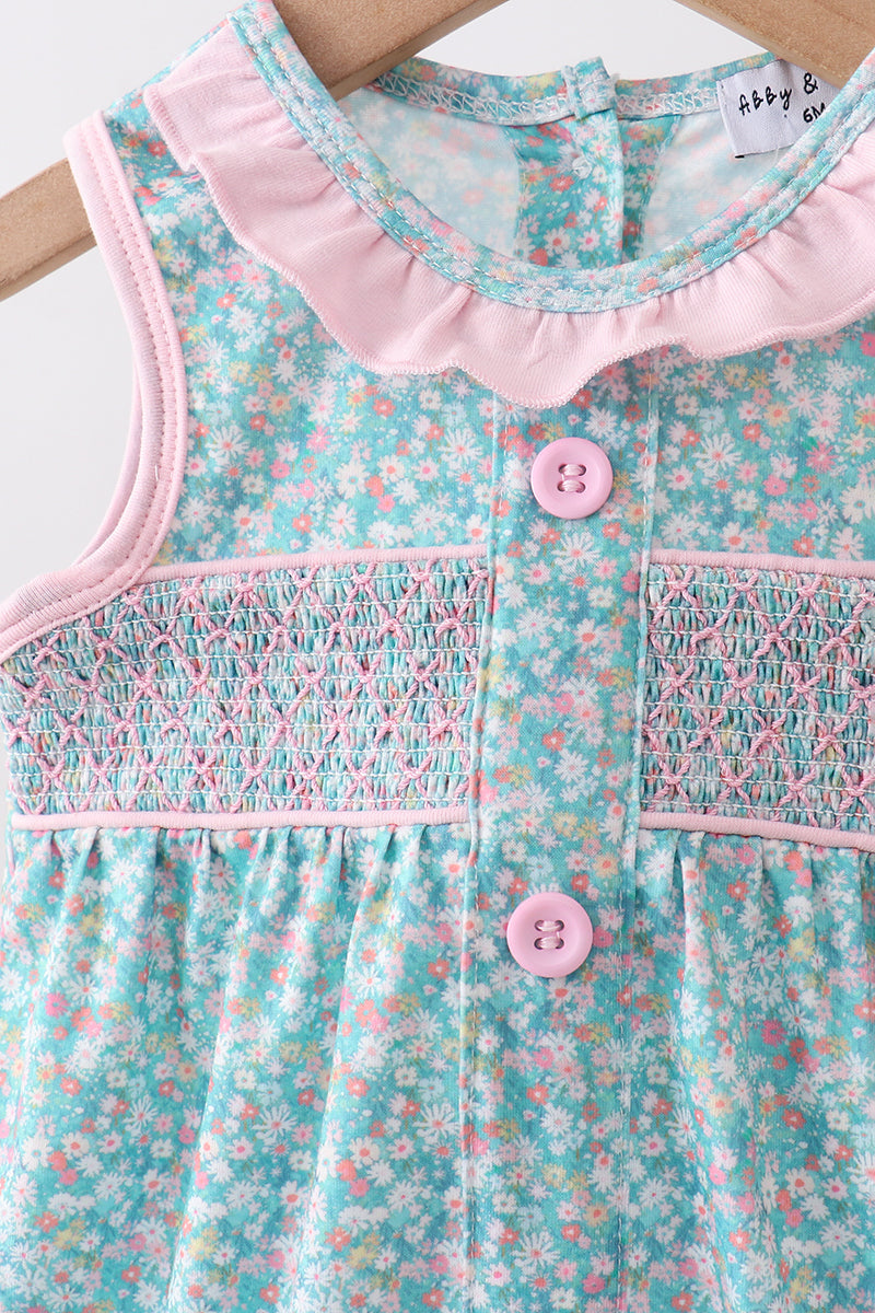 Green Floral Smocked Bubble