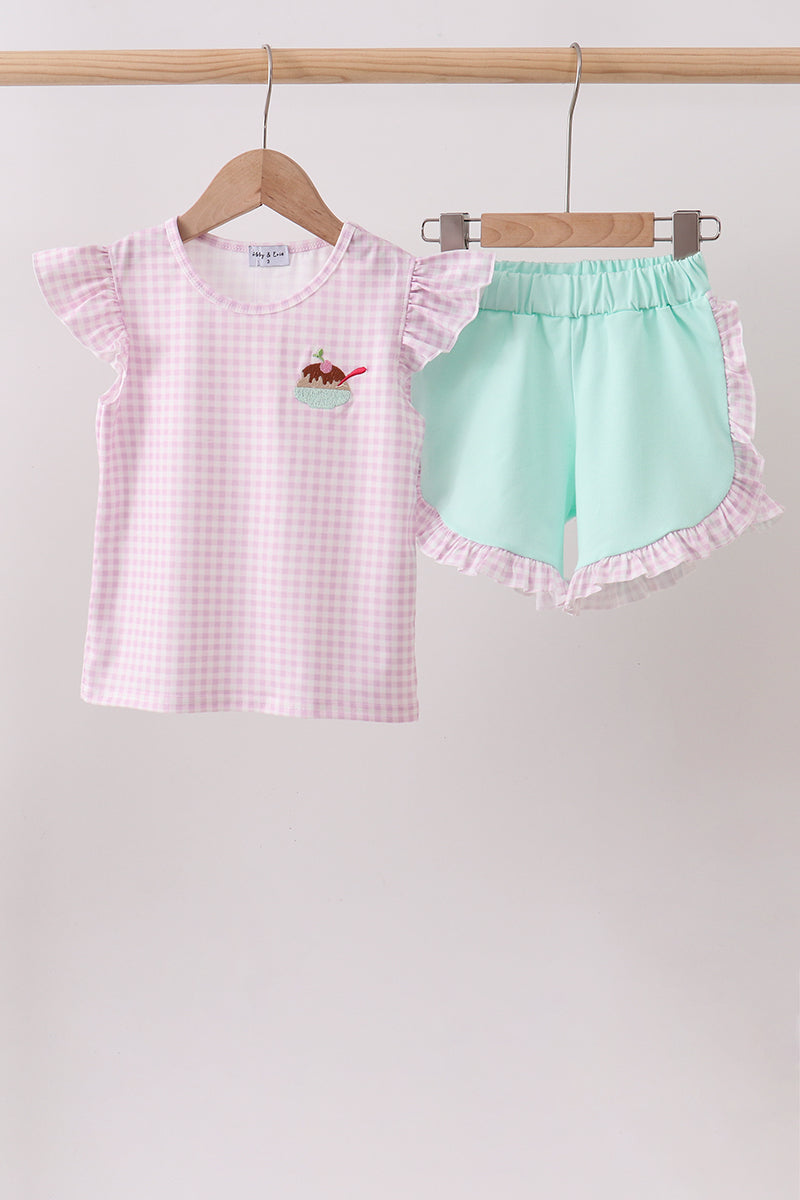 Purple Ice Cream Plaid Embroidered Set