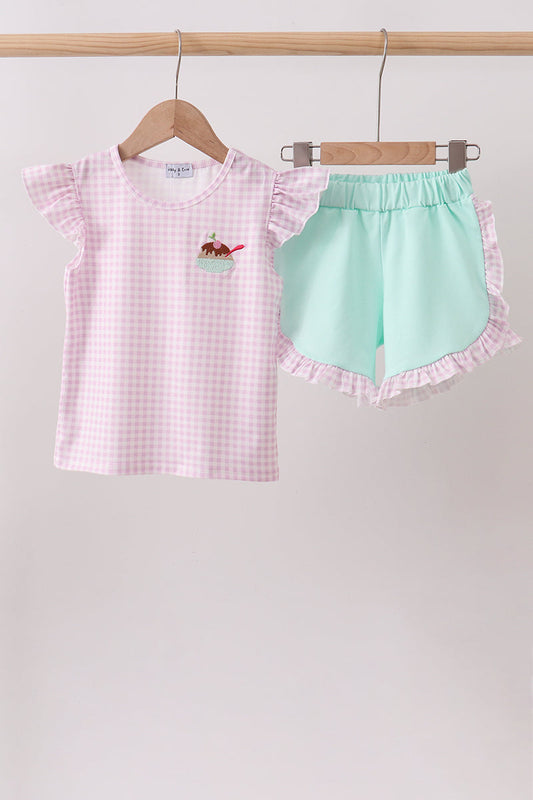 Purple Ice Cream Plaid Embroidered Set