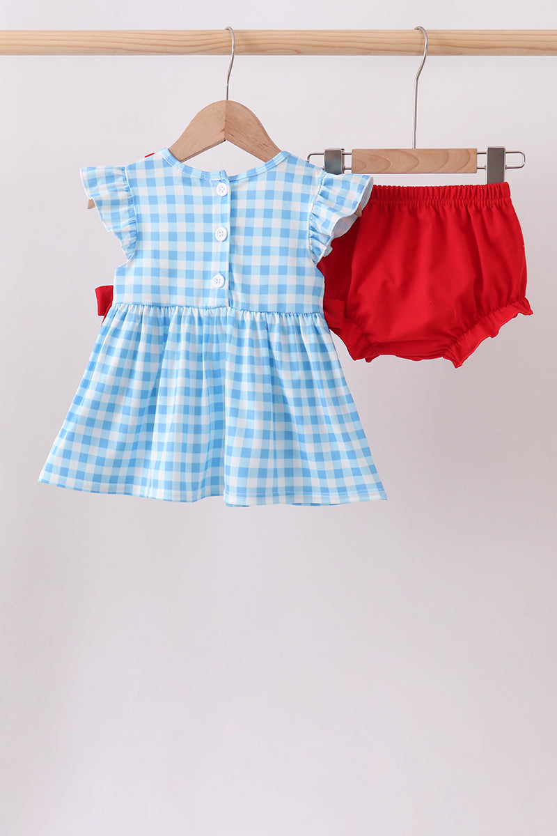 Blue Apple Appliqué Gingham Bloomer Set