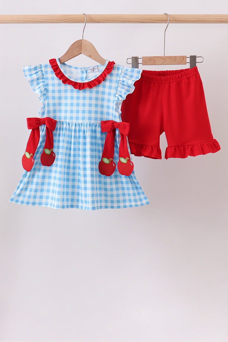 Blue Apple Appliqué Gingham Ruffle Set
