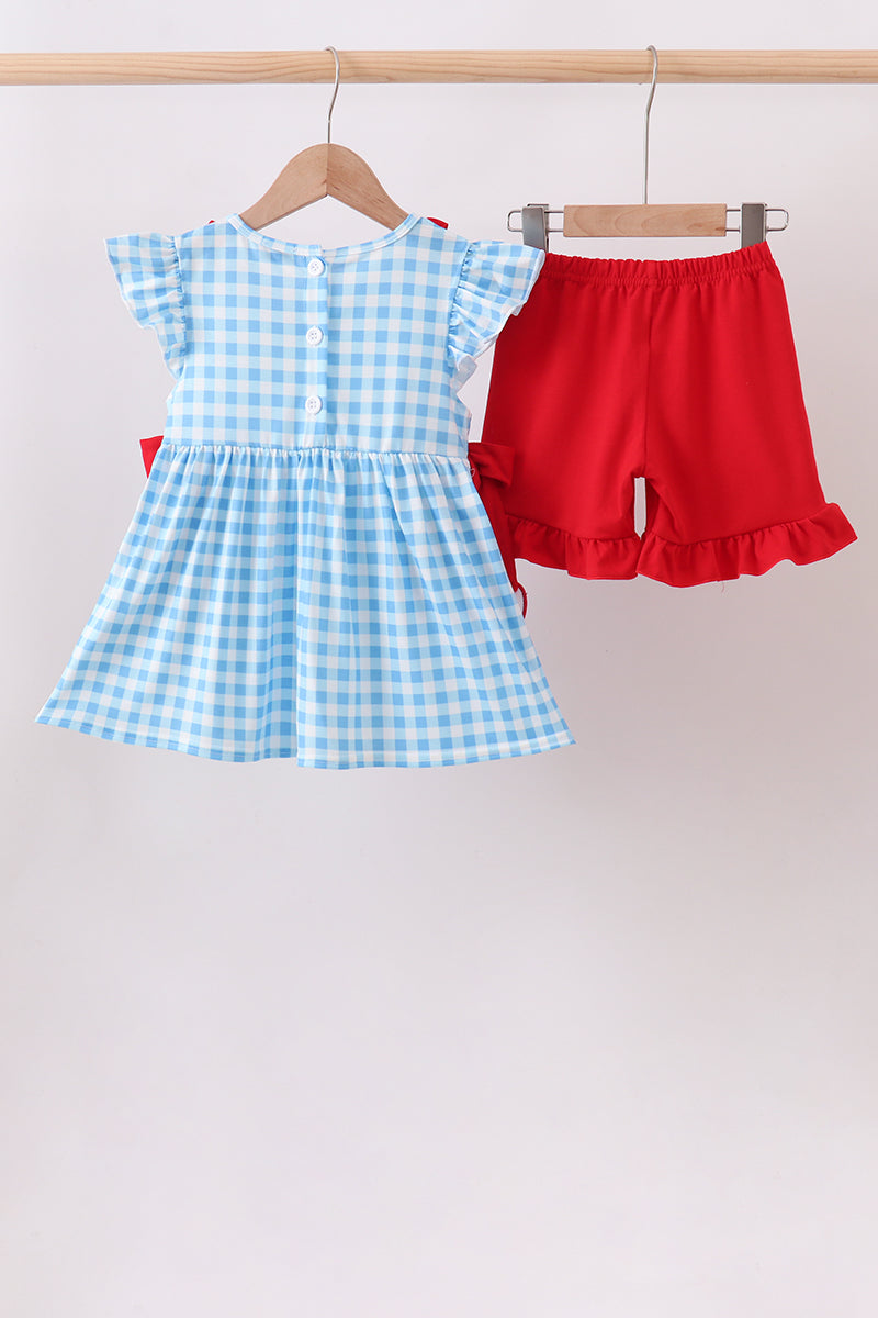 Blue Apple Appliqué Gingham Ruffle Set