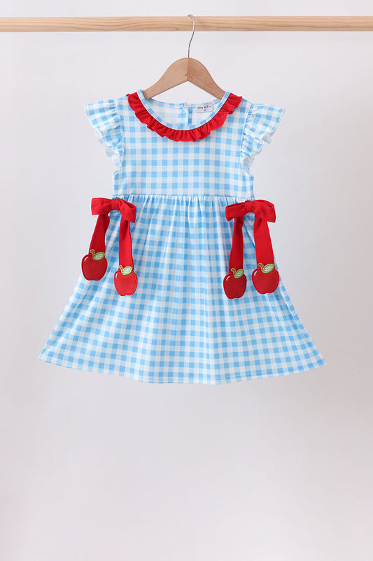 Blue Apple Appliqué Gingham Ruffle Dress