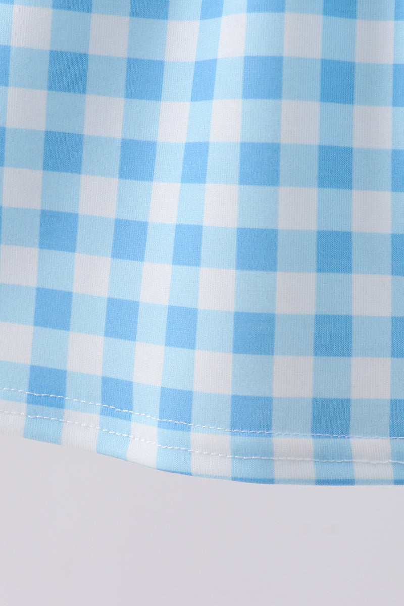 Blue Apple Appliqué Gingham Ruffle Dress