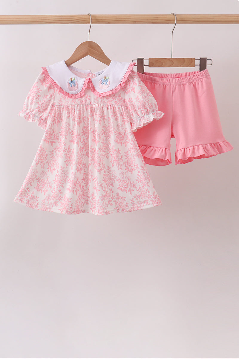 Pink Rose Apple Embroidery Ruffle Dress