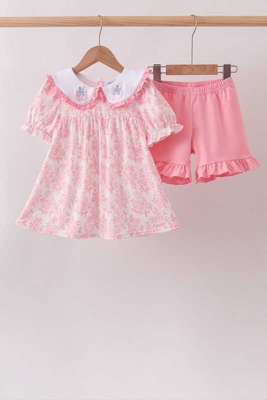 Pink Rose Apple Embroidery Ruffle Dress