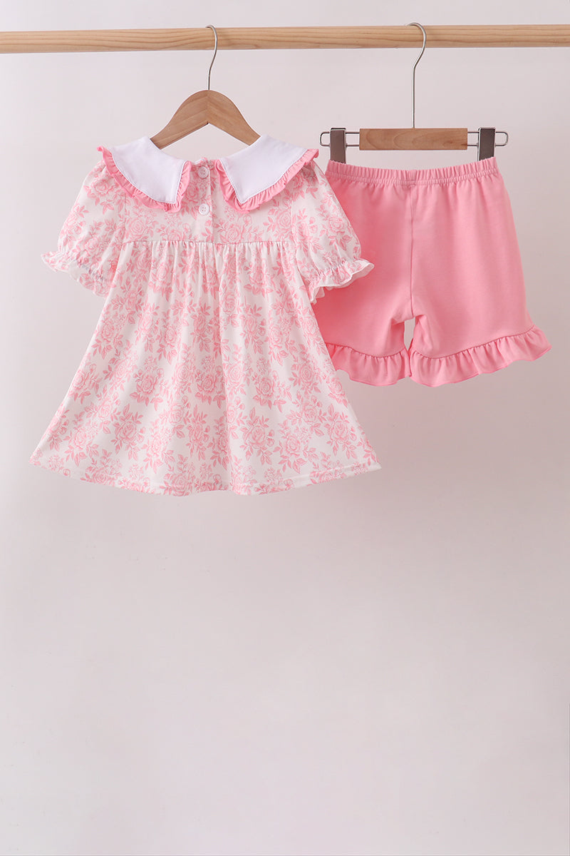 Pink Rose Apple Embroidery Ruffle Dress