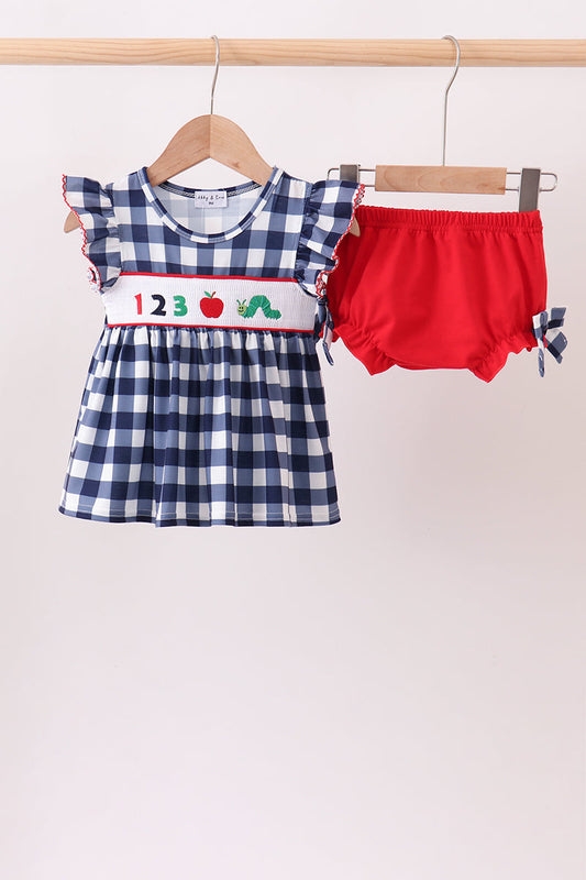 Navy Apple Smocked Gingham Bloomer Set