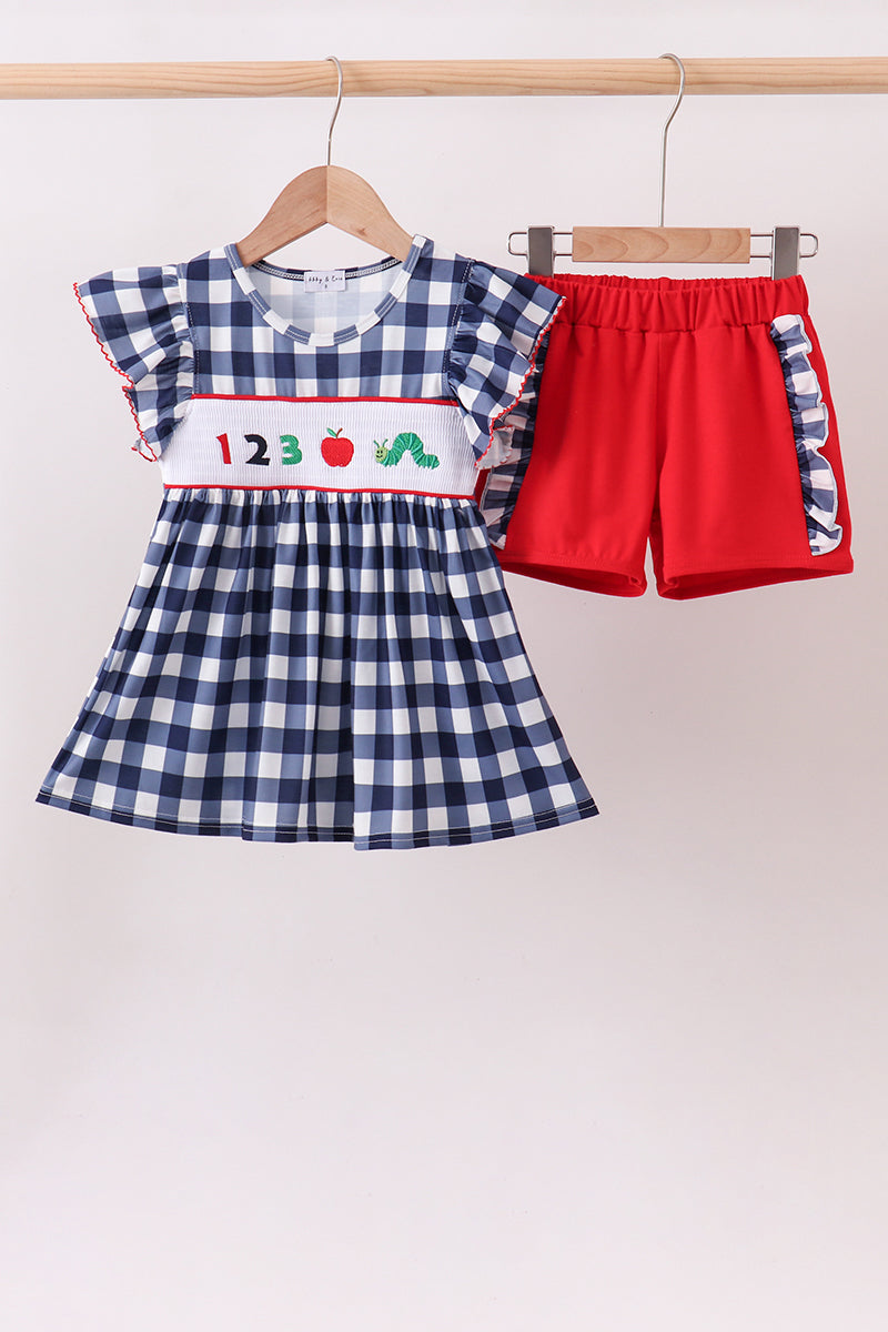 Navy Apple Smocked Ruffle Gingham Set