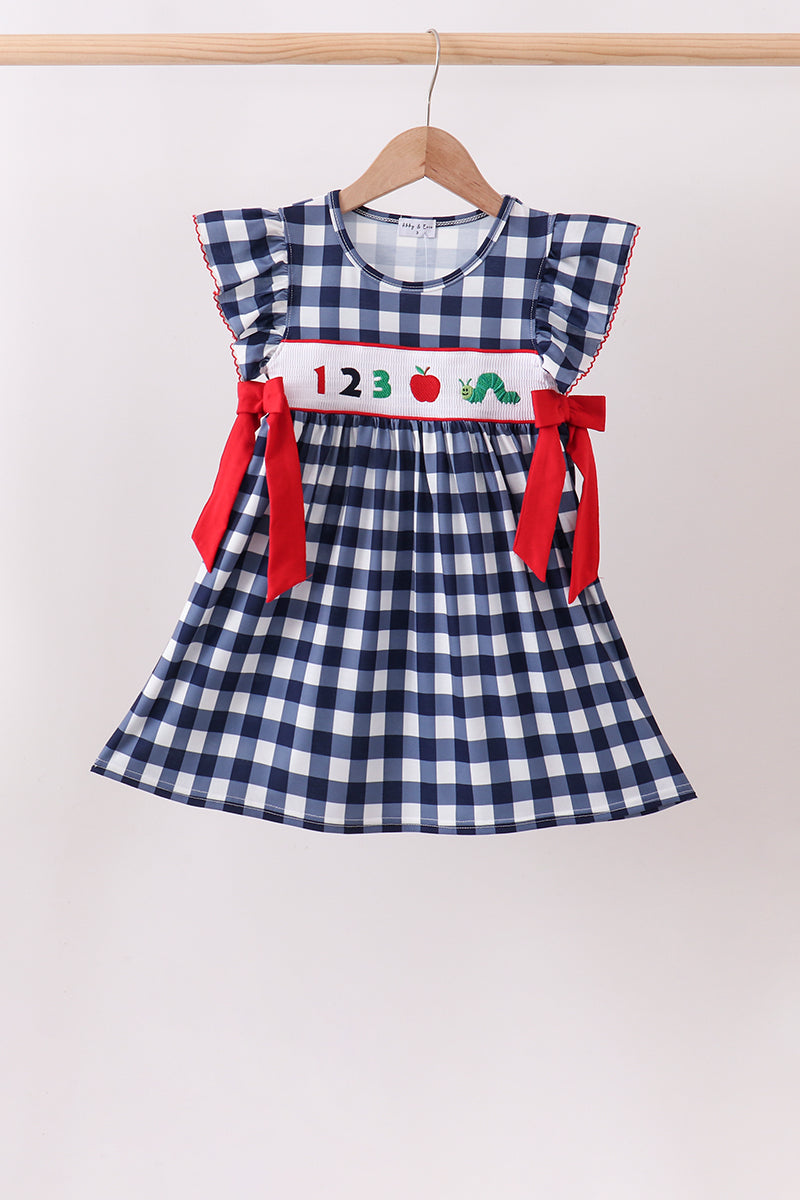 Navy Apple Smocked Gingham Dress