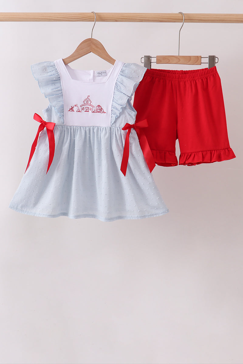 Blue Embroidered Swiss Dot Ruffle Set