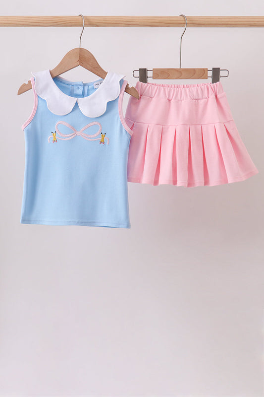 Blue pencil bow embroidery ruffle skorts set