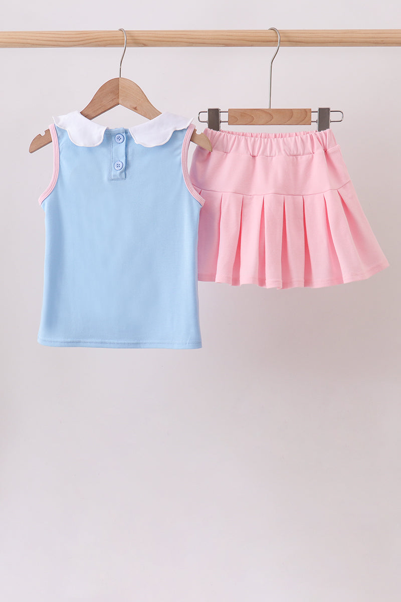 Blue pencil bow embroidery ruffle skorts set