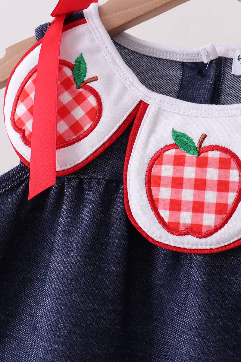 Navy Apple Applique Denim Bloomer Set