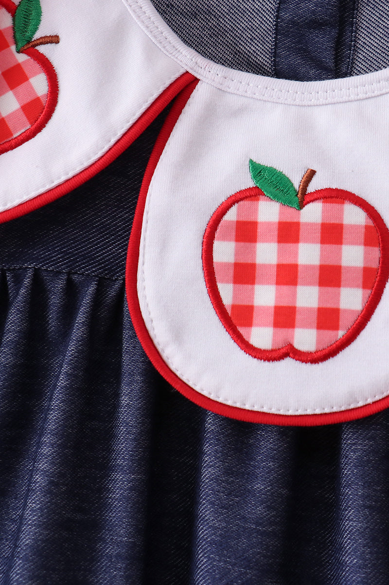 Navy Apple Applique Denim Ruffle Set