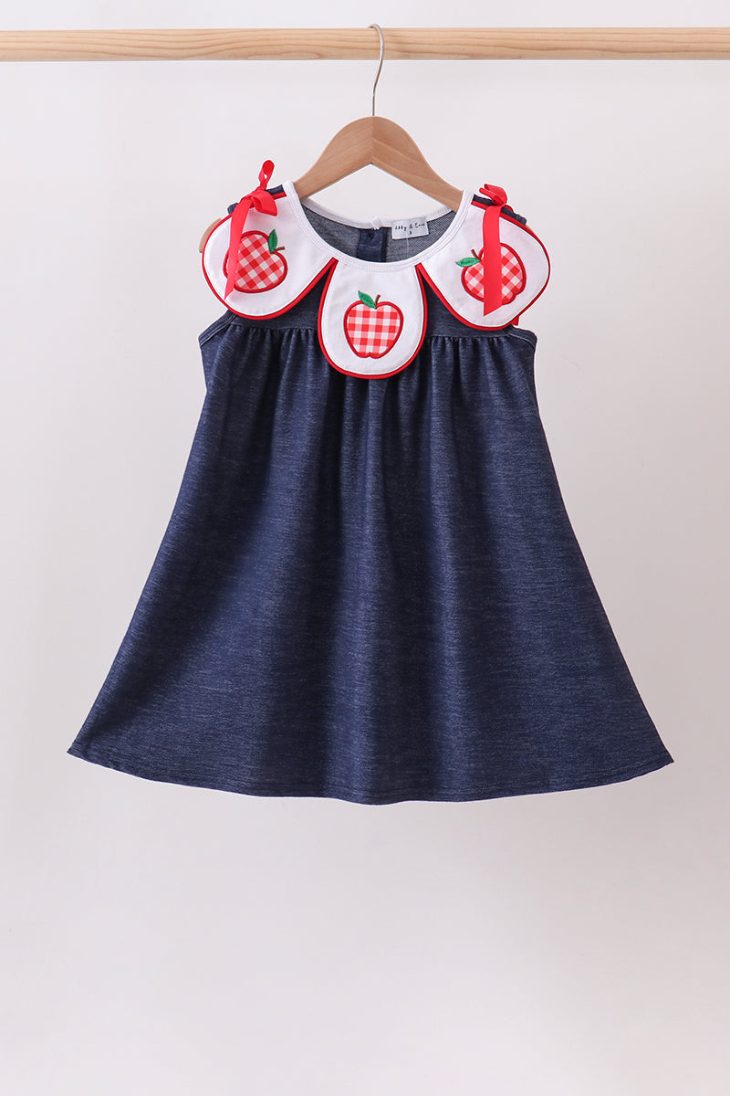 Navy Apple Applique Denim Dress