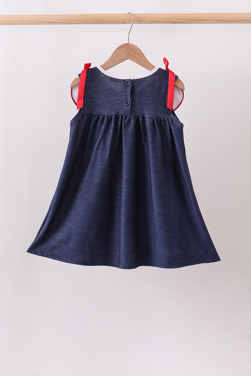 Navy Apple Applique Denim Dress