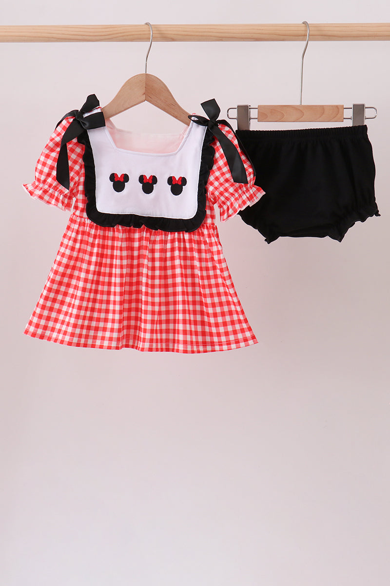 Red Character Plaid Embroidered Bloomer Set