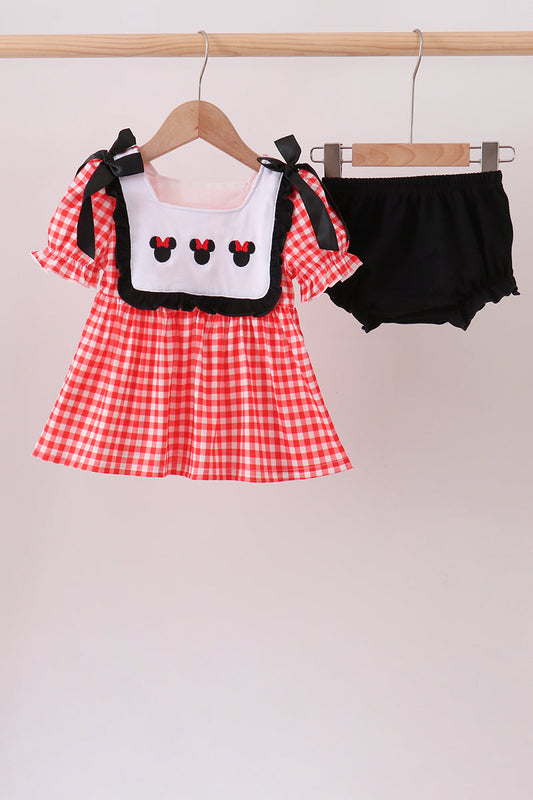Red Character Plaid Embroidered Bloomer Set