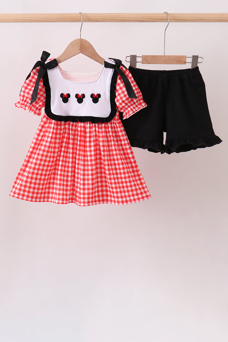 Red Character Plaid Embroidered Ruffle Short Set