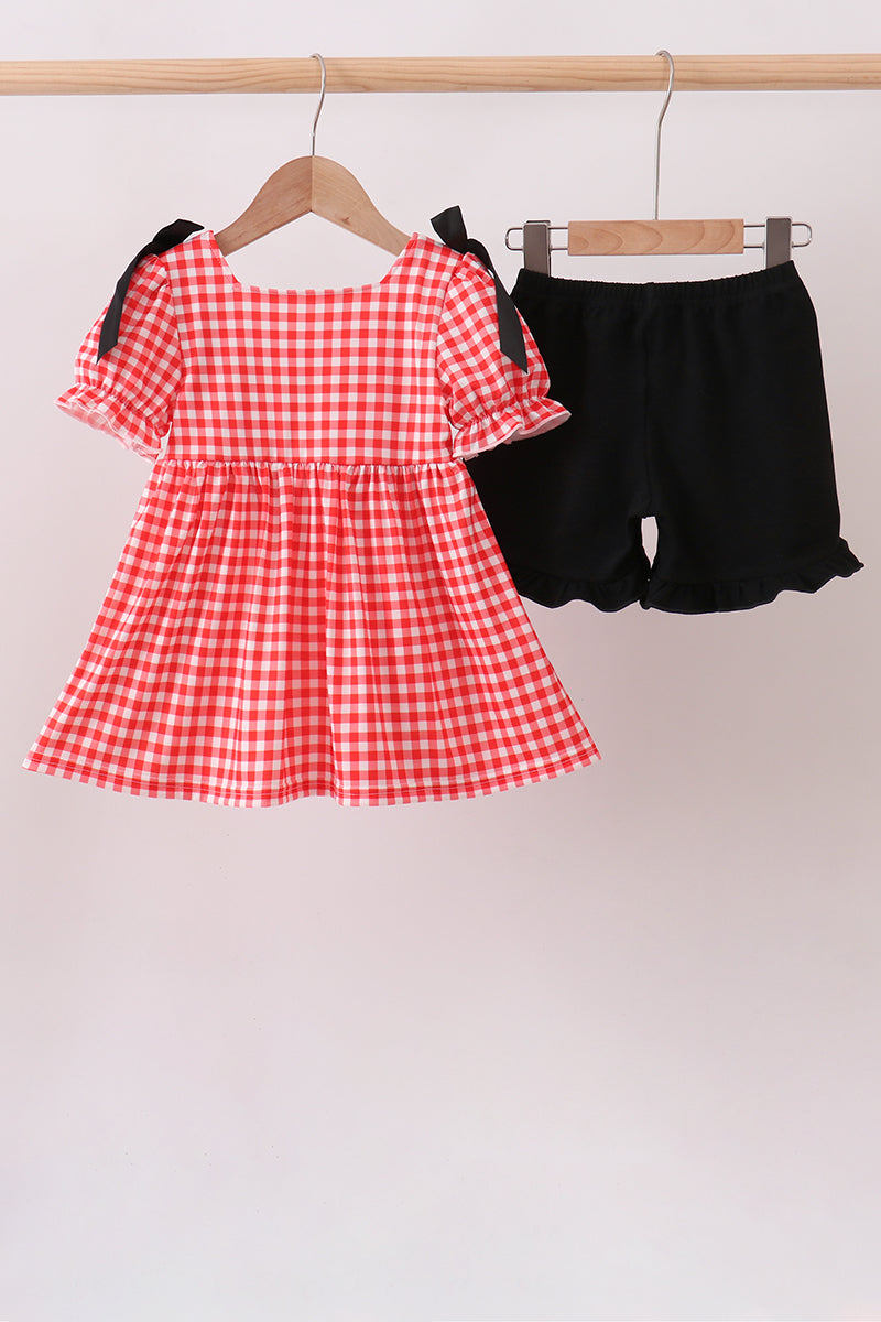 Red Character Plaid Embroidered Ruffle Short Set