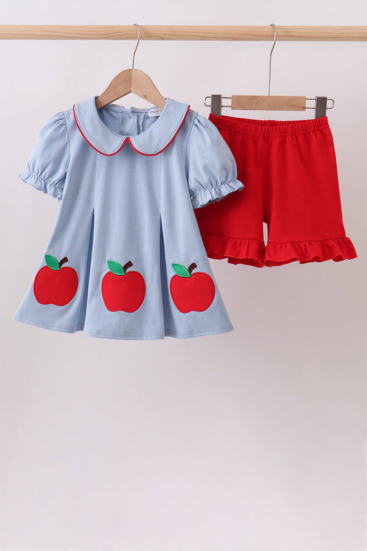 Blue Apple Appliqué Ruffle Set