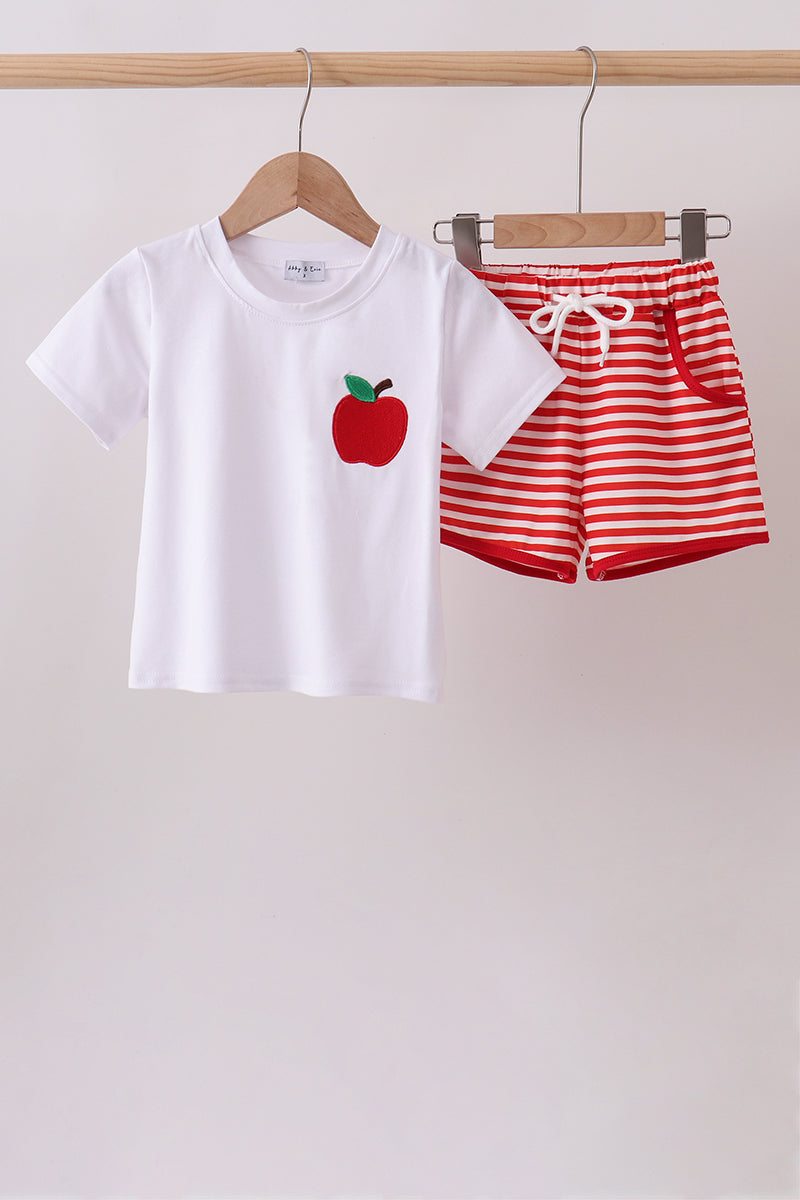 Red Stripe Apple Embroidered Set